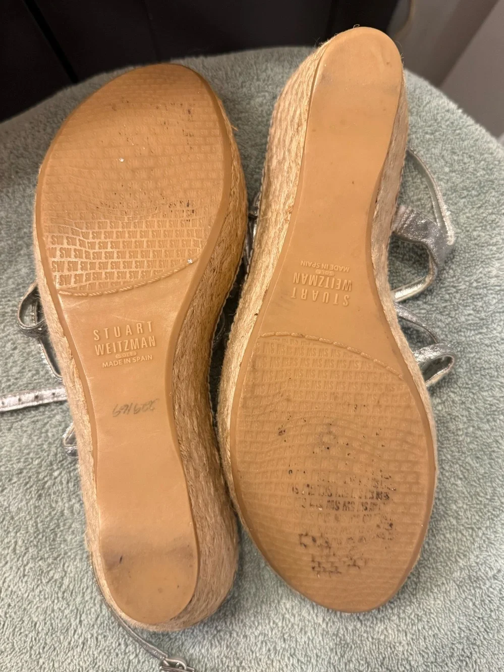 Stuart Weitzman Silver Glitter Espadrille Wedge Sandals Size 8M